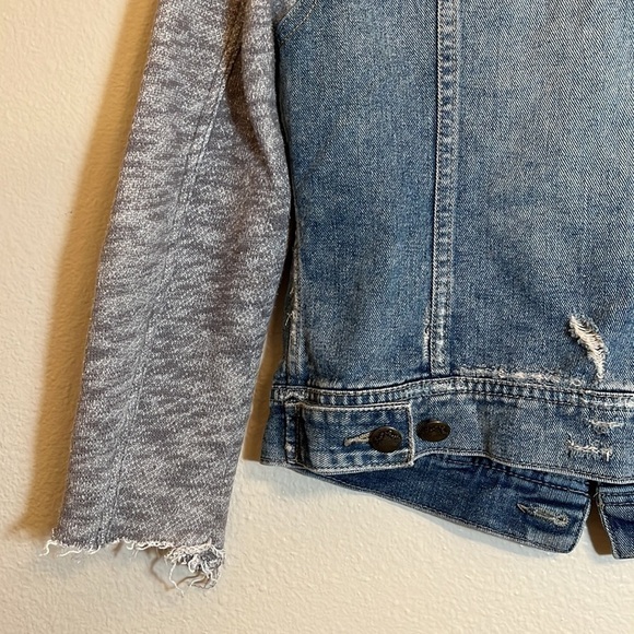 Free People Distressed Denim Knit Sleeves Jean Jacket - Picture 12 of 16